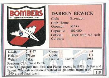 1992 AFL Regina #118 Darren Bewick Back